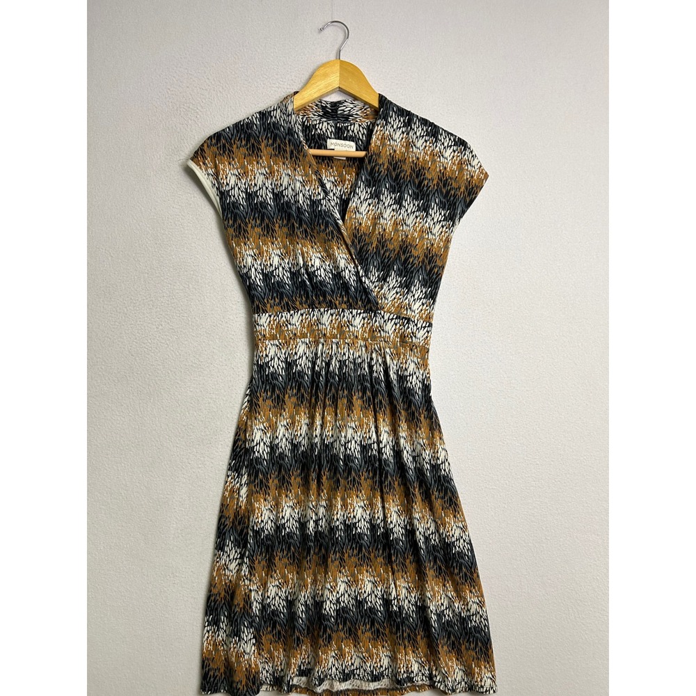 Boho Earthy Professional Monsoon Womens Size 6 Brown Abstract Faux Wrap Dress
